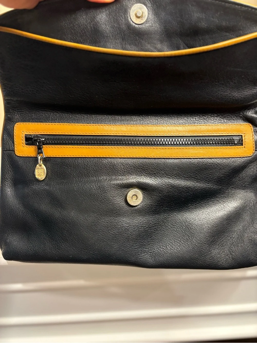 Vintage Celine Black Leather Envelope Clutch Tan Trim Authenticated Madein Italy